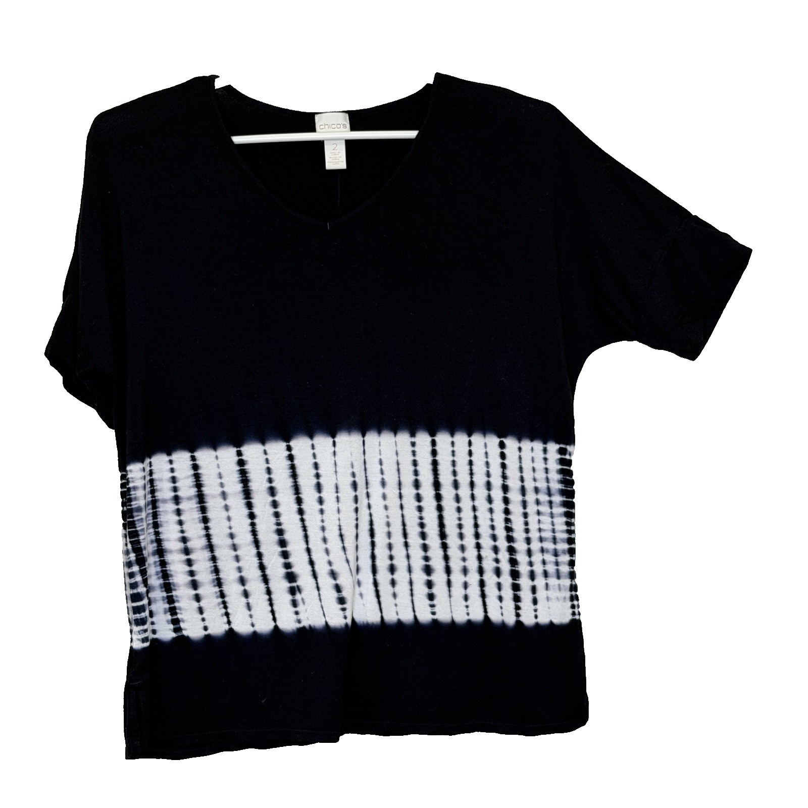 Chico's Pullover Top Womens Sz 2 Large Black Tie Dye Short Sleeve Round Neck